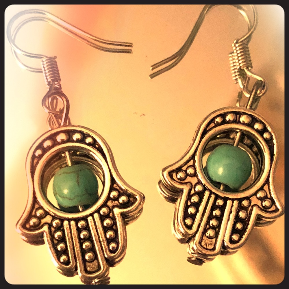 NEW HAMSA EARRINGS SILVER & TURQUOISE